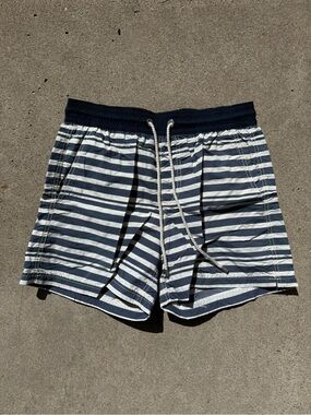 Atalaye Striped Navy and White Men's Swim Trunks with Drawstring Waist